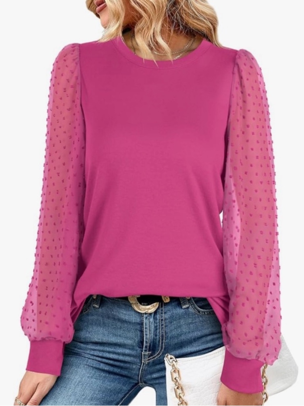 Women’s Balloon Sleeve Swiss Dot Top in Fuchsia